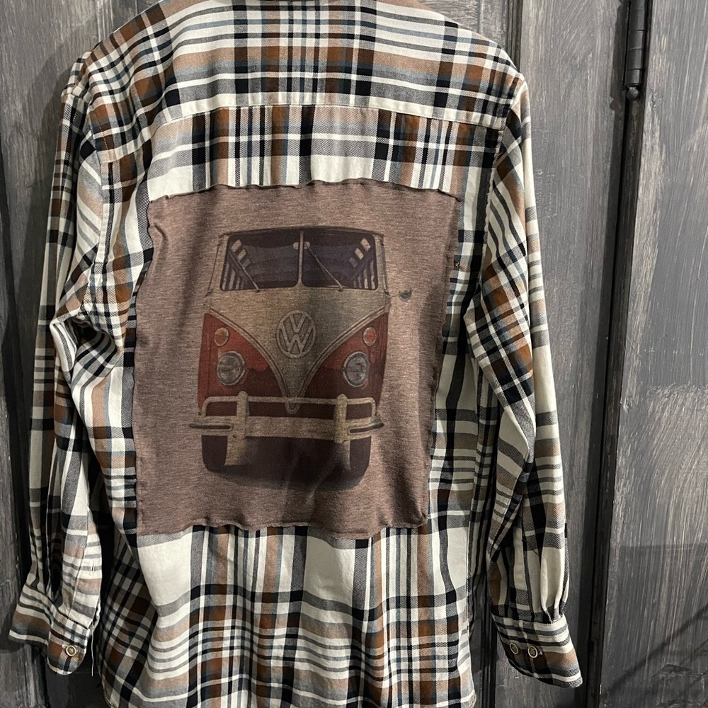 Upcycled Customized Borgo28 Plaid Button-Up Shirt with Vintage VW Truck size S